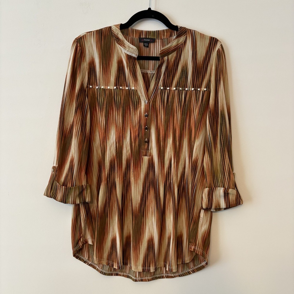 Cocomo Stretch Knit Pleated Henley Striped Top Sz M Retro 70s Boho Hippie Artsy